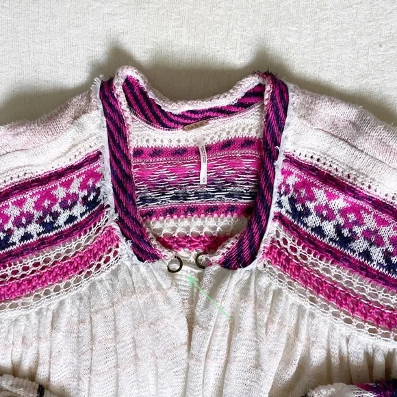 Free People Dreamland Knit Cardigan Womans Small Ivory Pink Balloon Sleeves - Picture 3 of 14